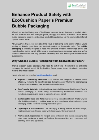 Enhance Product Safety with EcoCushion Paper’s Premium Bubble Packaging