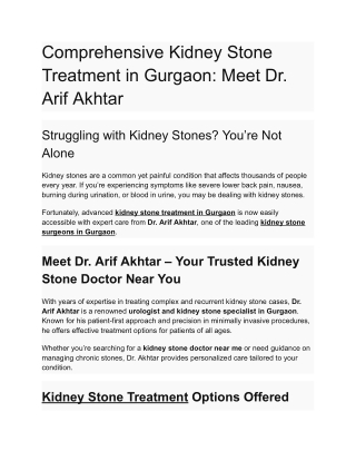 Comprehensive Kidney Stone Treatment in Gurgaon_ Meet Dr