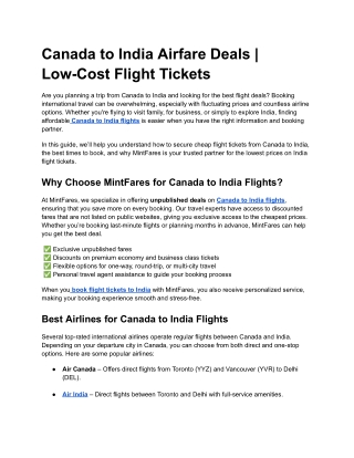 Canada to India Airfare Deals | Low-Cost Flight Tickets