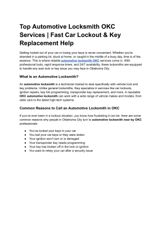 Automotive Locksmith OKC | Fast Car Lockout Services