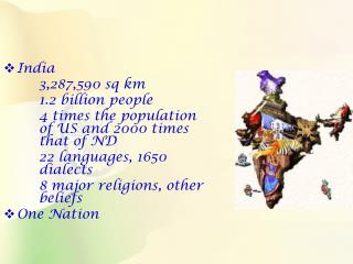 India 		3,287,590 sq km 		1.2 billion people	 		4 times the population 	of US and 2000 times 	that of ND 		22 lang