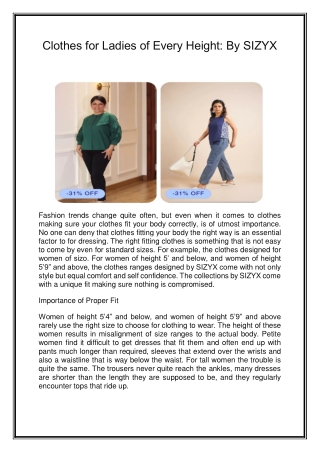 Explore the Quality Range of Clothes for Ladies of Every Height - SIZYX