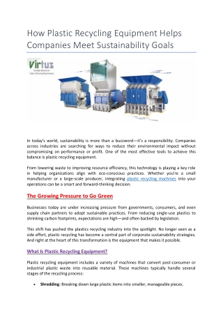 How Plastic Recycling Equipment Helps Companies Meet Sustainability Goals