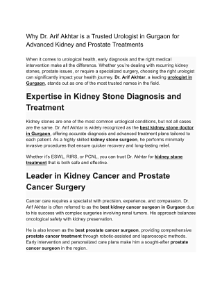 Why Dr. Arif Akhtar is a Trusted Urologist in Gurgaon