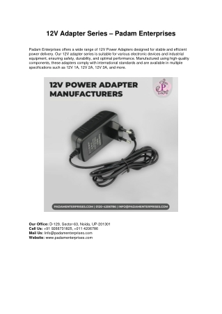 12V Power Adapter Manufacturers | Padam Enterprises