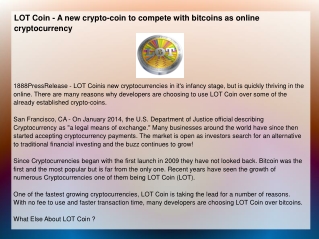 LOT Coin - A new crypto-coin to compete with bitcoins