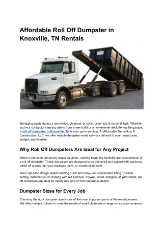Affordable Roll Off Dumpster in Knoxville, TN Rentals