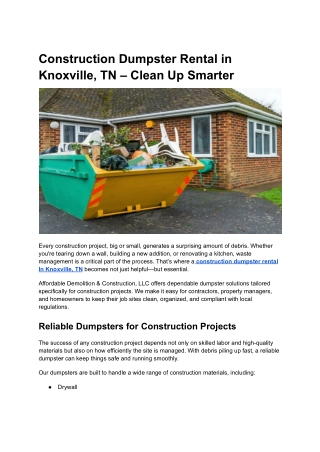 Construction Dumpster Rental in Knoxville, TN – Clean Up Smarter