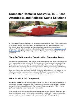 Dumpster Rental in Knoxville, TN – Fast, Affordable, and Reliable Waste Solutions