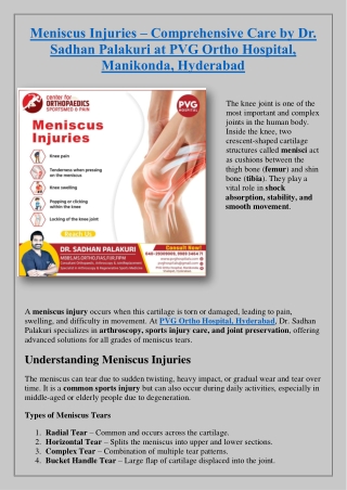Meniscus Injuries – Comprehensive Care by Dr. Sadhan Palakuri at PVG Ortho Hospital, Manikonda, Hyderabad