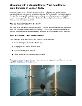 Struggling with a Blocked Shower? Get Fast Shower Drain Services in London Today