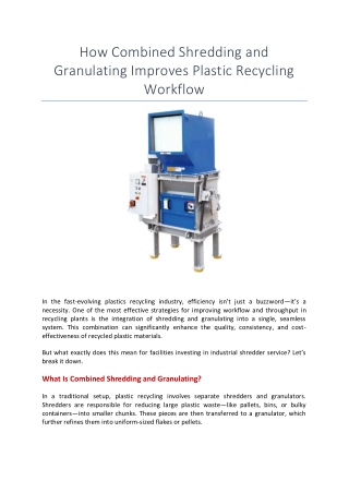 How Combined Shredding and Granulating Improves Plastic Recycling Workflow