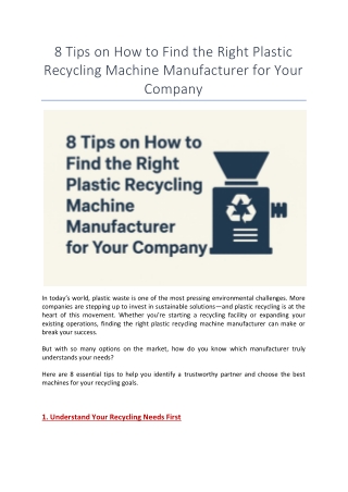 8 Tips on How to Find the Right Plastic Recycling Machine Manufacturer for Your Company