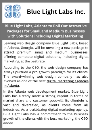 Blue Light Labs, Atlanta to Roll Out Attractive Packages for Small and Medium Businesses with Solutions including Digita