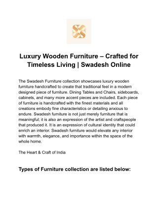 Handcrafted Luxury Wooden Furniture | Swadesh Online