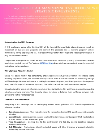 1031 Pros Utah Maximizing Tax Deferral with Strategic Investments