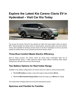 Explore the Latest Kia Carens Clavis EV in Hyderabad – Visit Car Kia Today