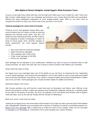 Nile Nights & Desert Delights: Inside Egypt’s Most Exclusive Tours
