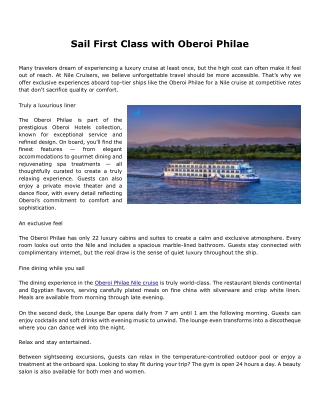 Sail First Class with Oberoi Philae