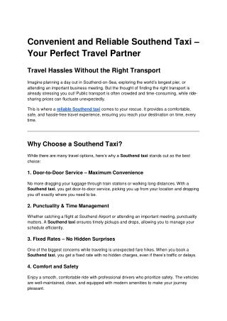 Convenient and Reliable Southend Taxi – Your Perfect Travel Partner