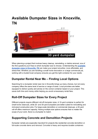 Available Dumpster Sizes in Knoxville, TN