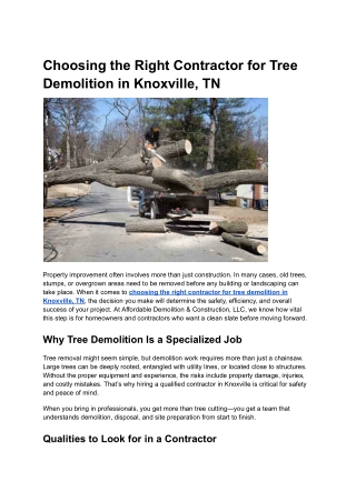 Choosing the Right Contractor for Tree Demolition in Knoxville, TN