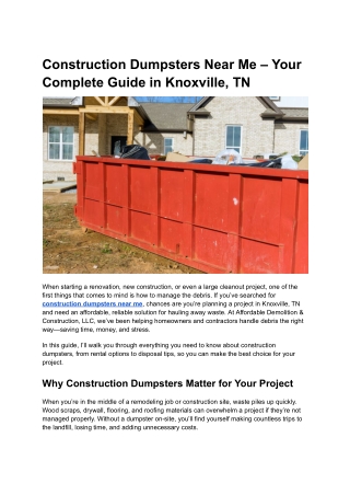 Construction Dumpsters Near Me – Your Complete Guide in Knoxville, TN