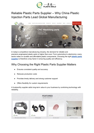 Reliable Plastic Parts Supplier – Why China Plastic Injection Parts Lead Global Manufacturing