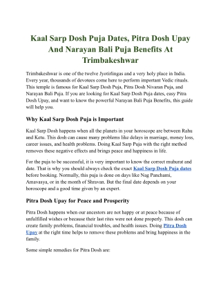 Kaal Sarp Dosh Puja Dates, Pitra Dosh Upay And Narayan Bali Puja Benefits At Trimbakeshwar