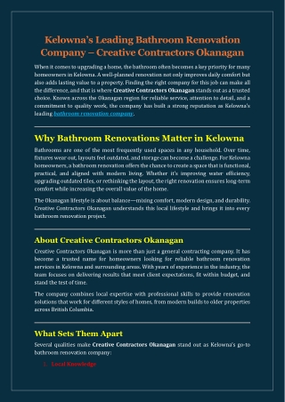 Kelowna’s Leading Bathroom Renovation Company – Creative Contractors Okanagan