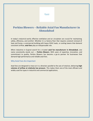 Perkins Blowers – Reliable Axial Fan Manufacturer in Ahmadabad