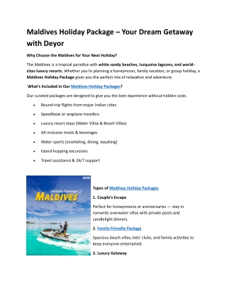 Affordable Maldives Holiday Package for Couples & Families