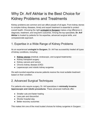 Why Dr. Arif Akhtar is the Best Choice for Kidney Problems and Treatments