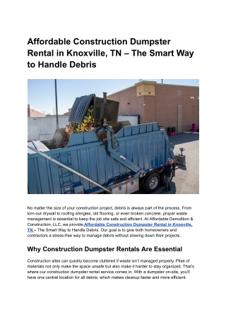 Affordable Construction Dumpster Rental in Knoxville, TN – The Smart Way to Handle Debris