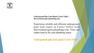 Underground Pipe Leak Repair Castro Valley Haywardemergencyplumbing.com