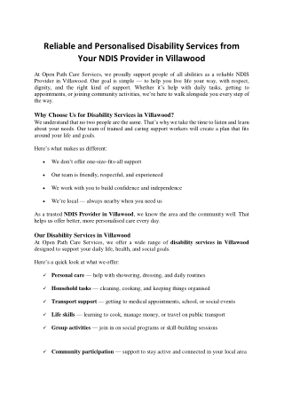 Reliable and Personalised Disability Services from Your NDIS Provider in Villawood