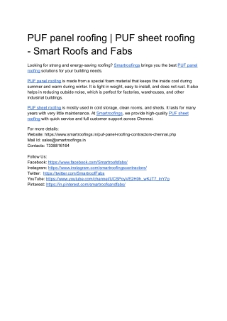 PUF panel roofing | PUF sheet roofing - Smart Roofs and Fabs