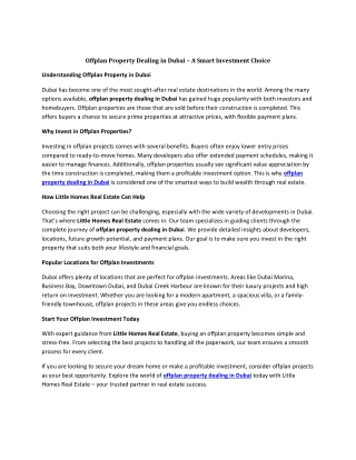 Offplan Property Dealing in Dubai – A Smart Investment Choice