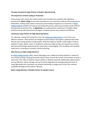 The Role of Industrial Inkjet Printers in Modern Manufacturing