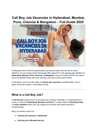 Call Boy Job Vacancies in Hyderabad, Mumbai, Pune, Chennai & Bangalore – Full Guide 2025