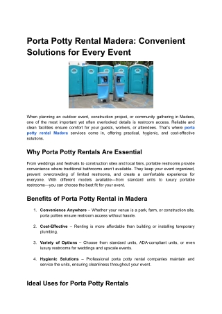 Porta Potty Rental Madera_ Convenient Solutions for Every Event