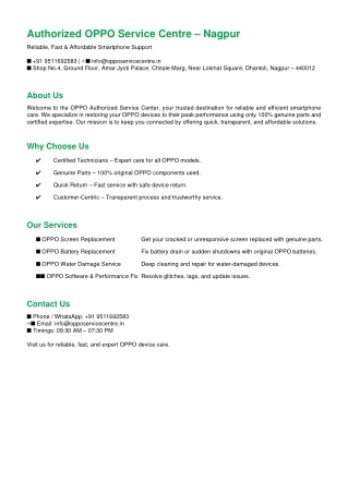 Locate authorised Authorised OPPO Service Center in Nagpur | 9511692583