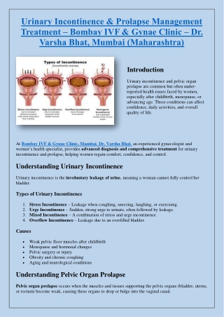 Urinary Incontinence & Prolapse Management Treatment – Bombay IVF & Gynae Clinic – Dr. Varsha Bhat, Mumbai (Maharashtra)
