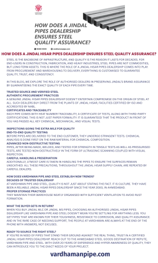 How does a Jindal Hisar Pipes Dealership Ensures Steel Quality Assurance