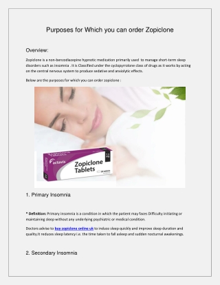Purposes for Which you can order Zopiclone
