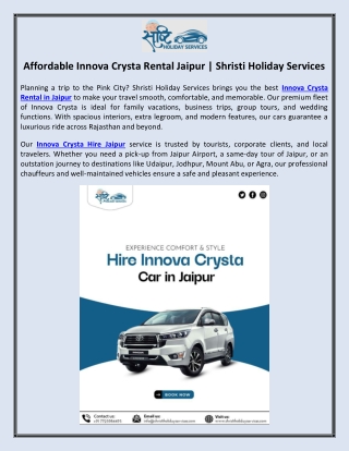Affordable Innova Crysta Rental Jaipur | Shristi Holiday Services