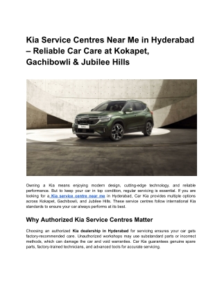 Kia Service Centres Near Me in Hyderabad – Reliable Car Care at Kokapet, Gachibowli & Jubilee Hills