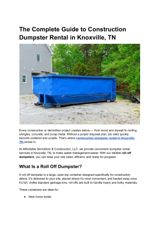 The Complete Guide to Construction Dumpster Rental in Knoxville, TN