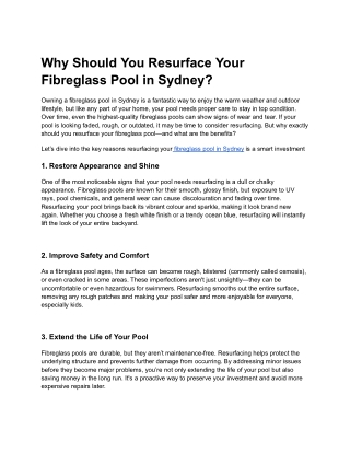 Why Should You Resurface Your Fibreglass Pool in Sydney