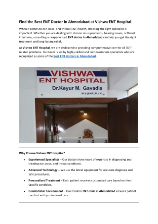 Find the Best ENT Doctor in Ahmedabad at Vishwa ENT Hospital
